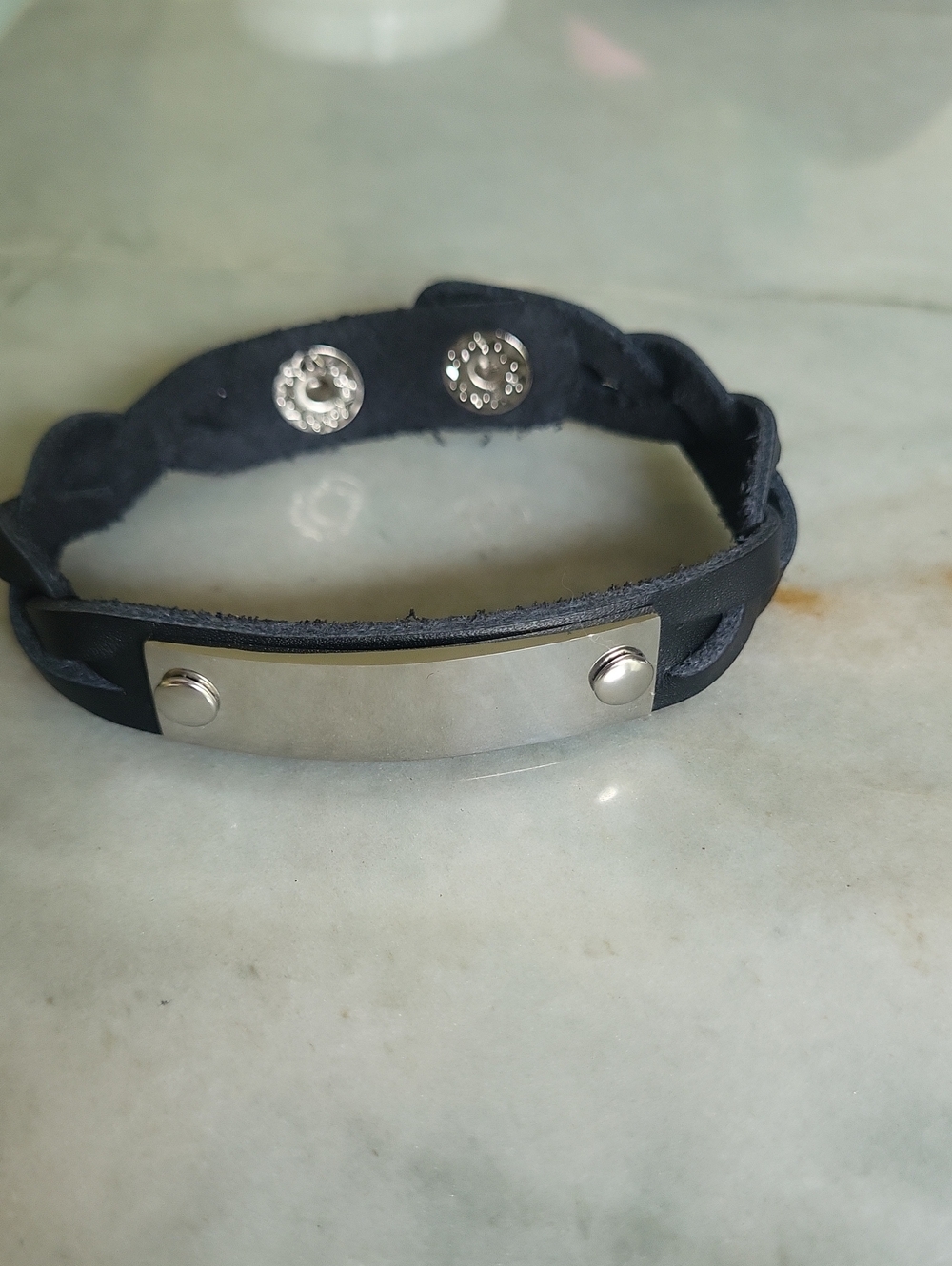 Plunder Braided Black Leather Bracelet with Silver riveted Bar